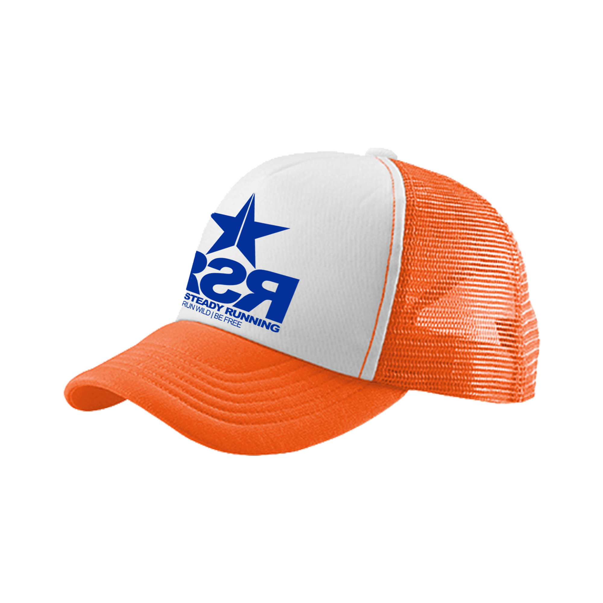 orange and blue trucker hat